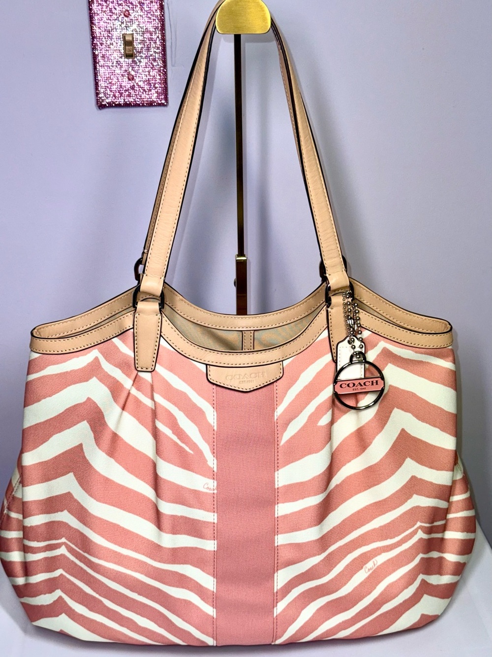 COACH Pink and Cream Zebra-Print Canvas Tote with Leather Trim